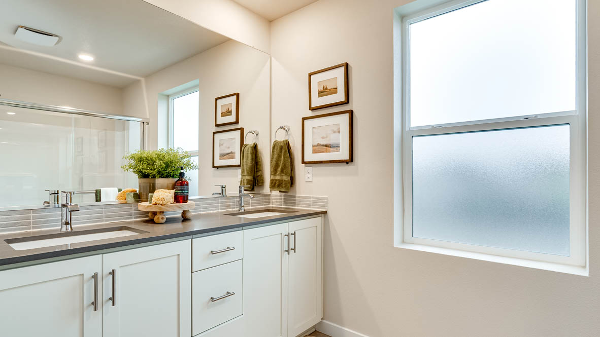 Davis Estates Primary Bathroom with white cabinets, quartz countertops, mirror, decorative plant, painting, walk in shower, and window