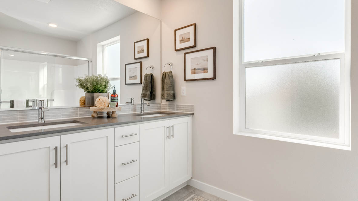 Davis Estates Primary Bathroom with white cabinets, quartz countertops, mirror, decorative plant, painting, walk in shower, and window