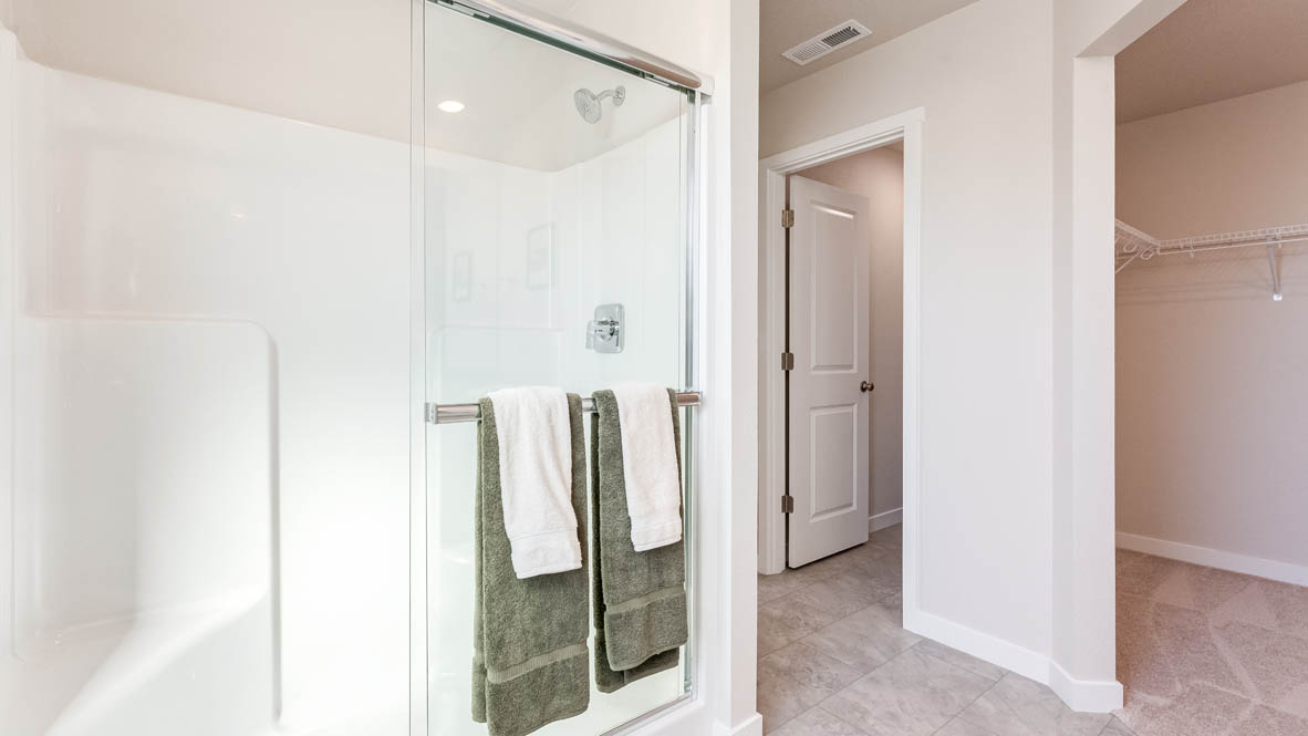 Davis Estates Primary Bathroom with white cabinets, quartz countertops, mirror, decorative plant, painting, walk in shower