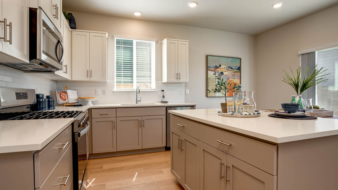 Davis Estates kitchen with laminate flooring, stainless steel appliances, cabinets, window, solid surface countertops