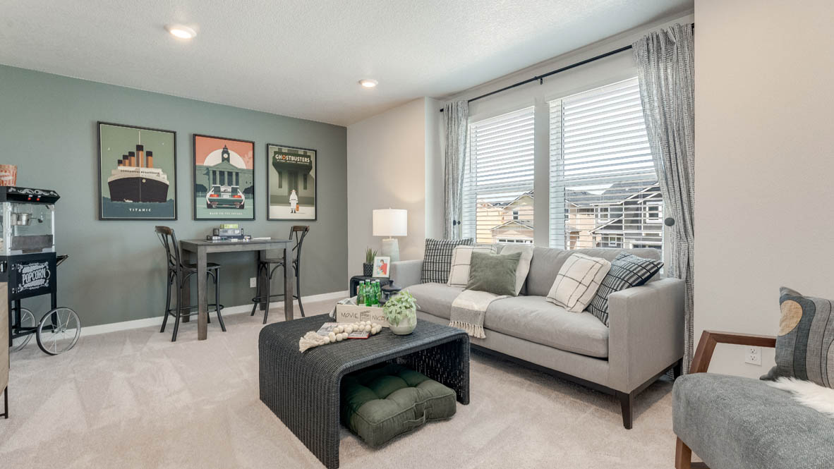 Davis estates bonus bedroom with two paintings, coffee table, white carpet, couch with pillows, hanging shelves, two chairs, a lamp, and windows with curtains