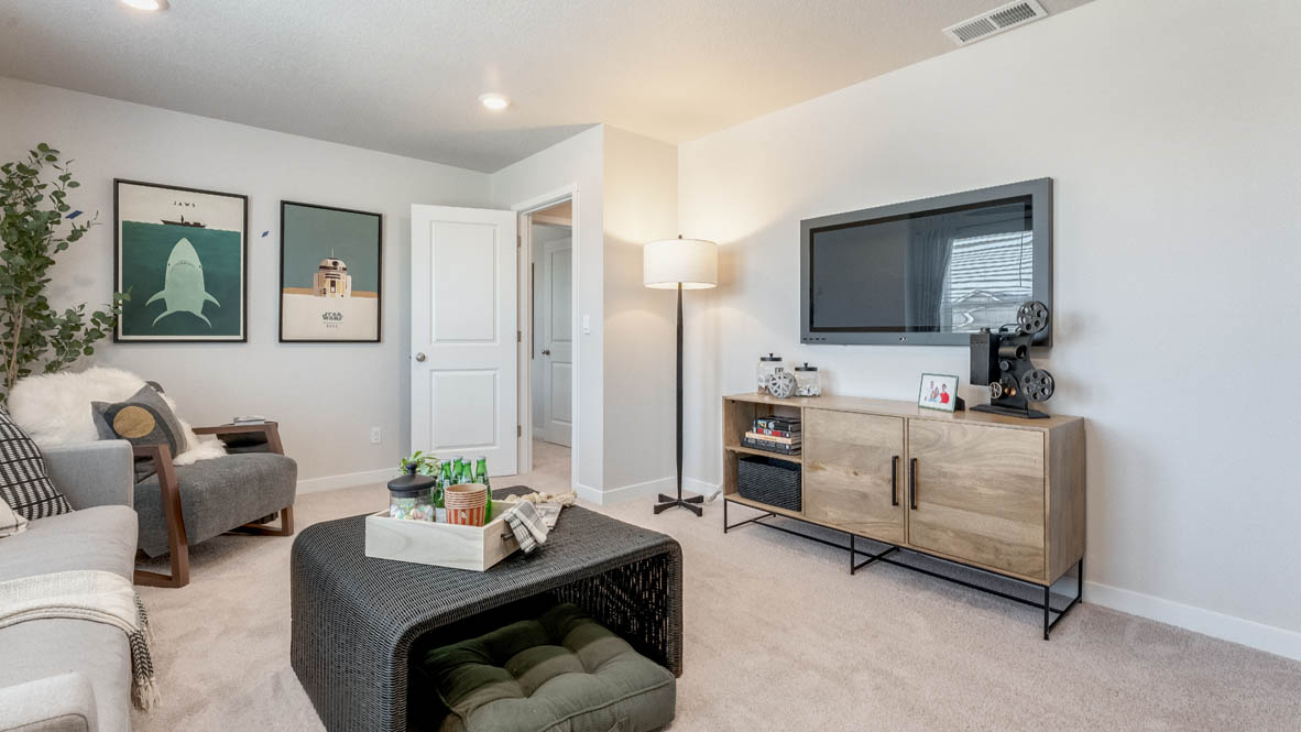 Davis estates bonus bedroom with two paintings, coffee table, white carpet, couch with pillows, two chairs, a lamp, console table, entertainment center