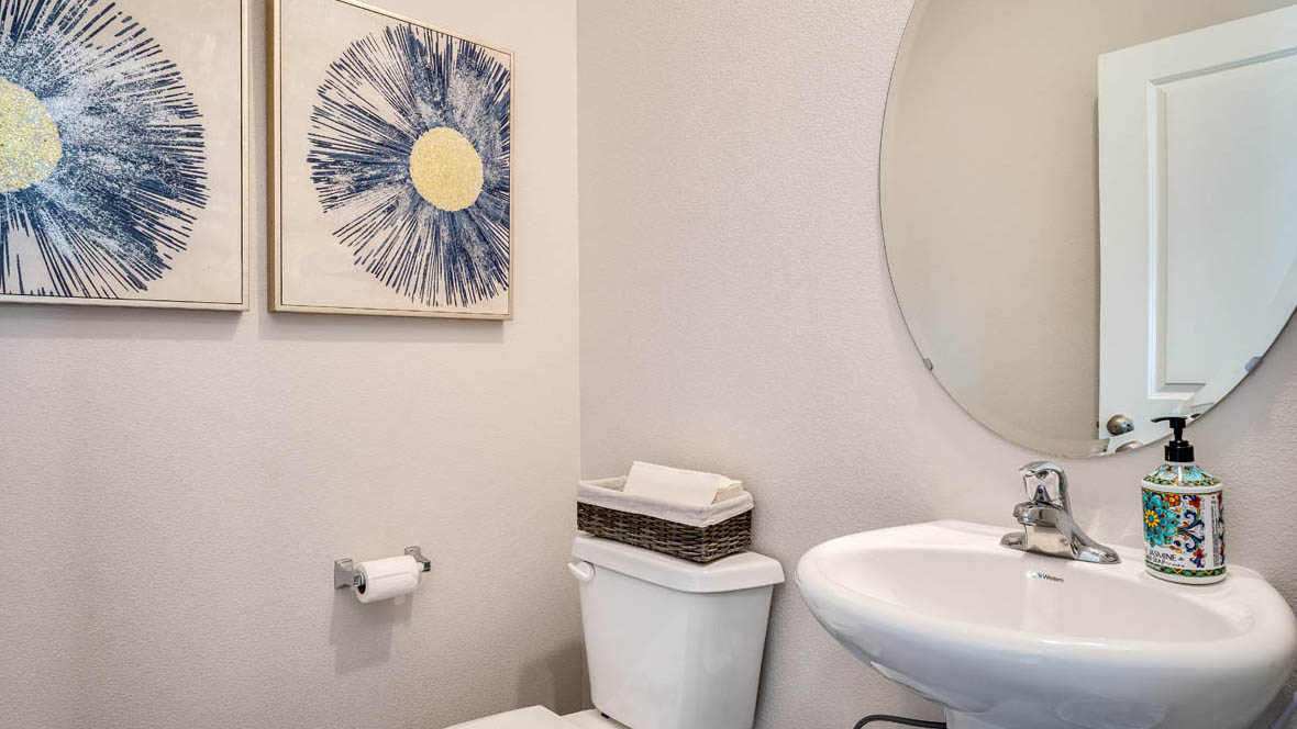 Marcola Meadows Powder room with white toilet, single sink and circle mirror