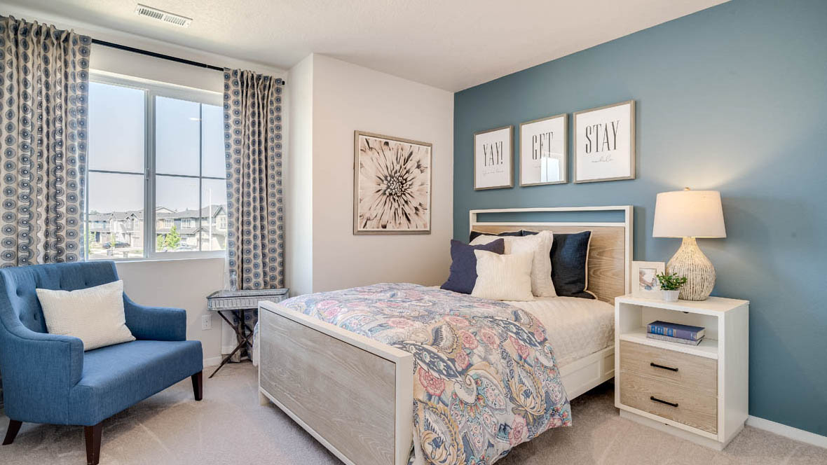 Marcola Meadows Room with blue accent wall and window