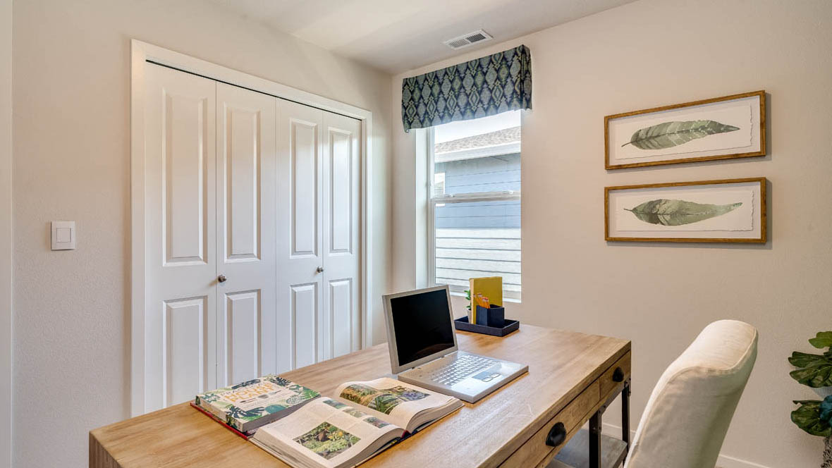 Marcola Meadows Office room with green accent wall and window