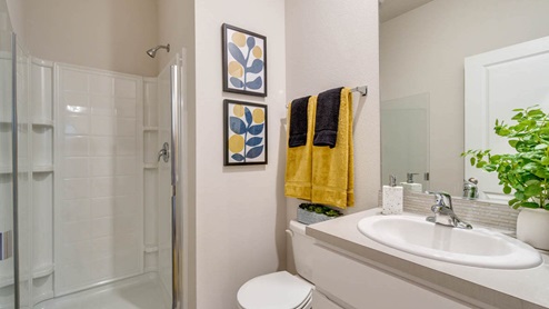 Marcola Meadows downstairs bathroom with walk in shower that has a glass door, a single sink vanity with a square mirror, and a toilet