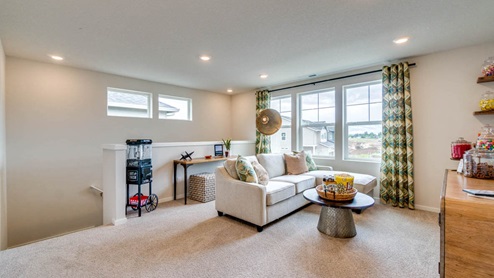 Marcola Meadows loft with L shaped couch, carpeting, 5 total windows, and a movie theater theme with jars of candy and a popcorn machine
