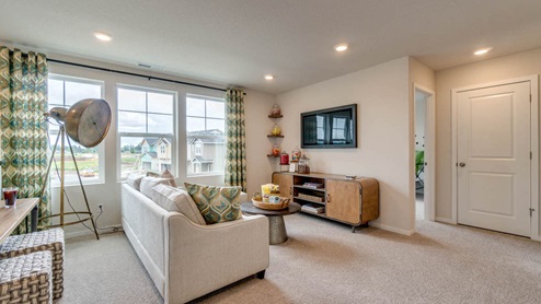 Marcola Meadows loft with L shaped couch, carpeting, 5 total windows, and a movie theater theme with jars of candy and a popcorn machine