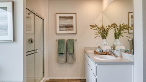 Marcola Meadows primary bathroom with two sink vanity, toilet closet, walk in shower with glass doors, laminate flooring and a carpeted walk in closet