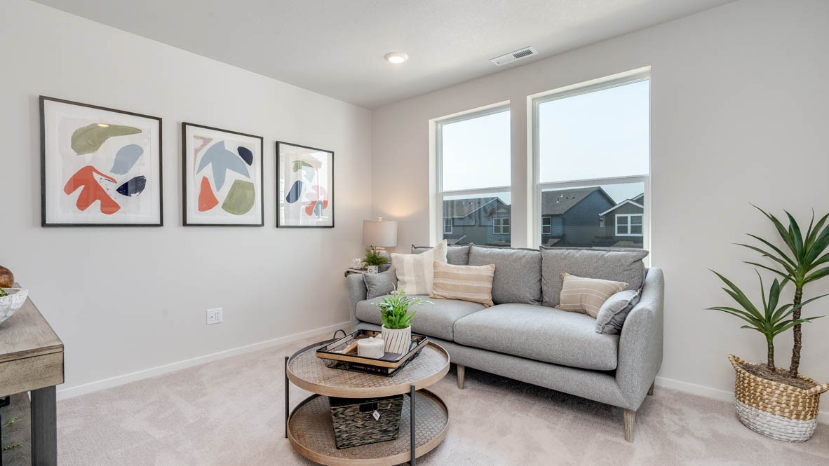 Marcola Meadows loft with carpet, coffee table, entertainment center, gray couch with pillows, plants, paintings, and a window