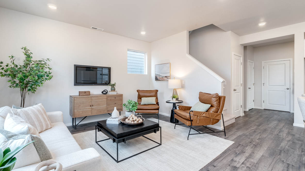 Marcola Meadows great room with carpet, coffee table, white couch with pillows, orange chair, entertainment center with tv, painting, and a lamp