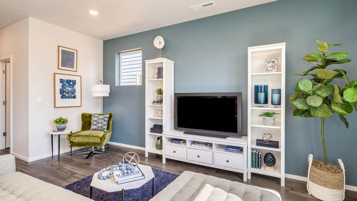 Marcola Meadows Green room with three windows and a blue accent wall