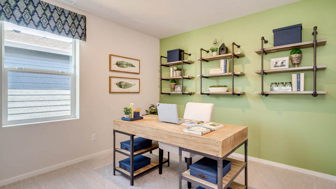 Marcola Meadows Office room with green accent wall and window