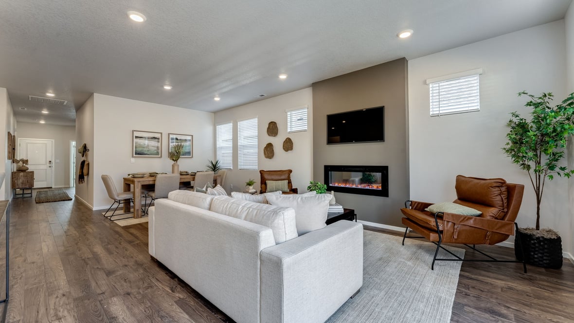 Marcola Meadows Modern open-concept living and dining area with a fireplaceRoom