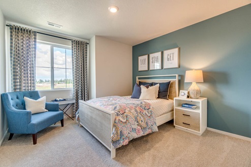 Marcola Meadows Room with blue accent wall and window