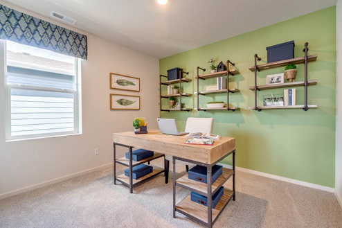 Marcola Meadows Office room with green accent wall and window