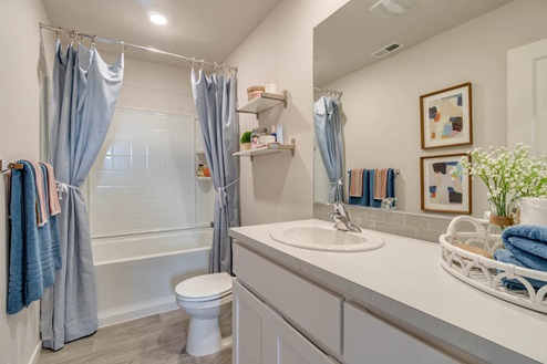 Marcola Meadows Bathroom that includes a single sink vanity with white cabinet and countertops, a toilet, and a shower tub
