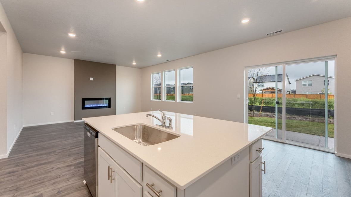 Marcola Meadows Modern open concept living area with a fireplace