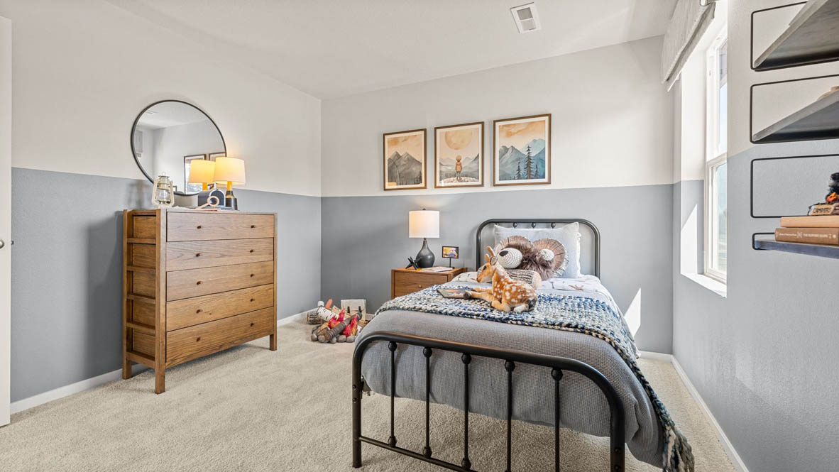 Sorrento Estates Bedroom with outdoor theme, the top half of the walls are white and the bottom half are a light blue-gray color, metal rod bed frame, carpeting, and a wooden dresser