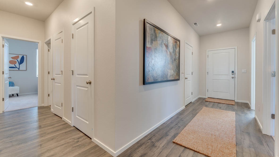 Sorrento Estates entry with flooring, runner rug, painting, white walls