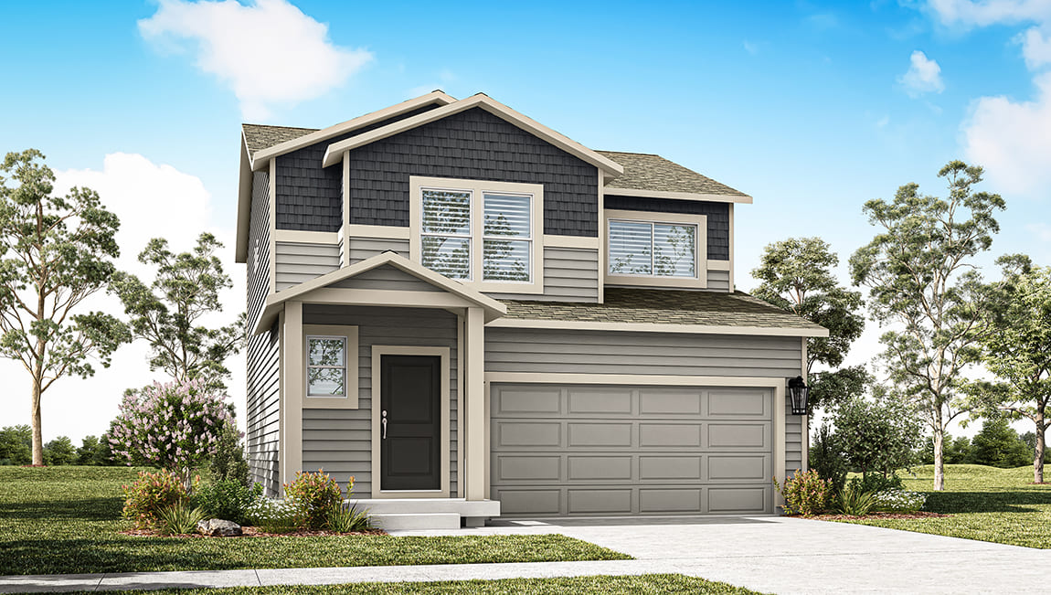 A digital rendering of a two story home with two toned grey siding and light accents.