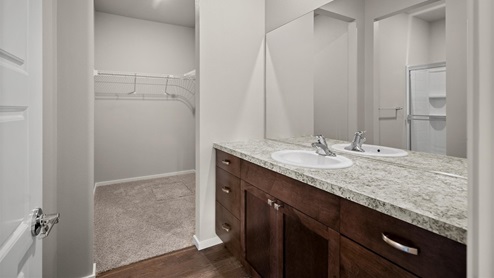 A bathroom with brown wood cabinets and a grey countertop, the door in the background leads to a walk in closet.