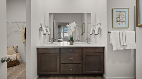 A bathroom with white countertops and brown wooden cabinets. There's art hanging on the wall above a towel rack and to the left there's a view of the walk in closet