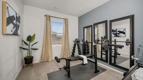 A room with a grey accent wall featuring workout equipment and three large mirrors against the right wall. There's abstract art against the left wall and a large window letting in natural light framed by beige curtains.