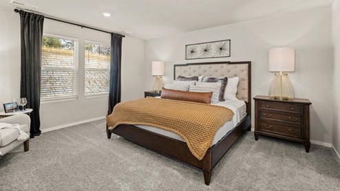 A bedroom featuring a bed, dresser, and nightstand with two windows framed by long green curtains.
