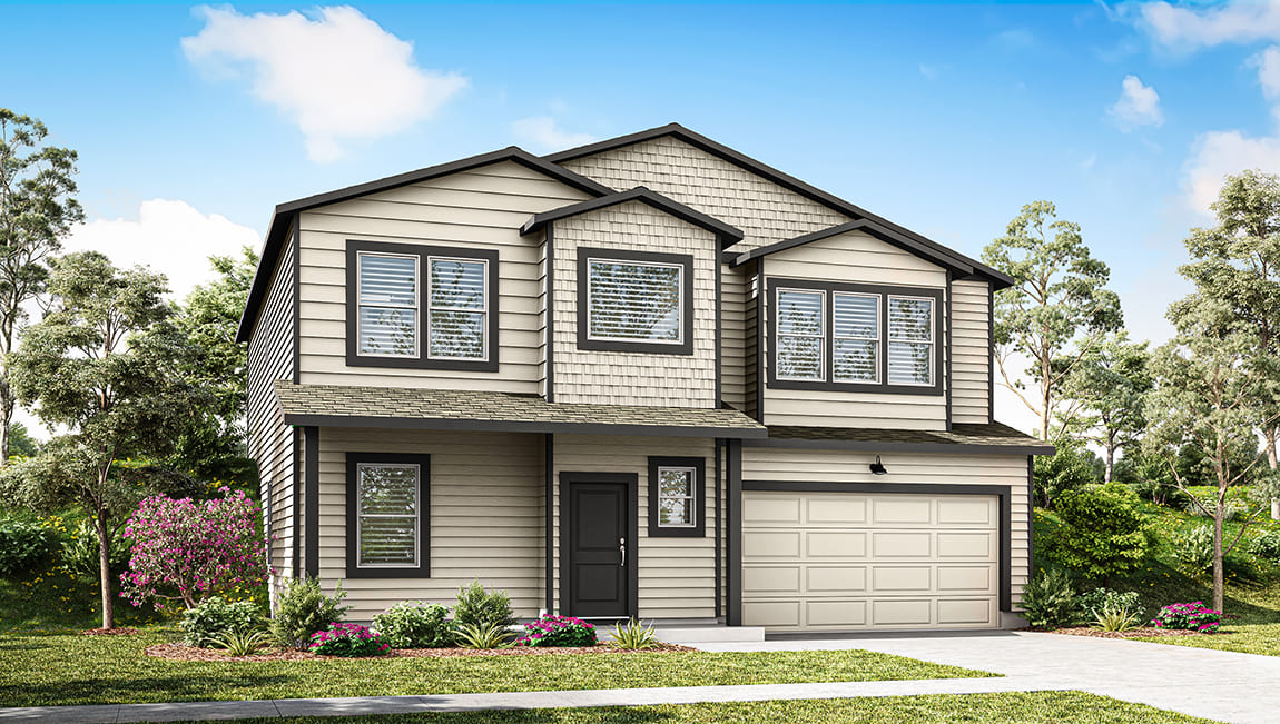 A digital rendering of a two story home with beige siding and dark accents.