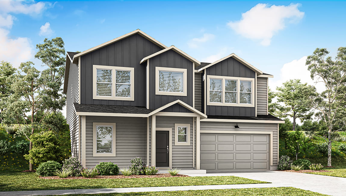 A digital rendering of a two story home with dark two toned siding and light accents.