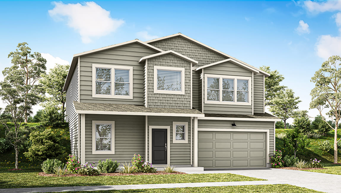 A digital rendering of a two story home with muted green siding and light accents.