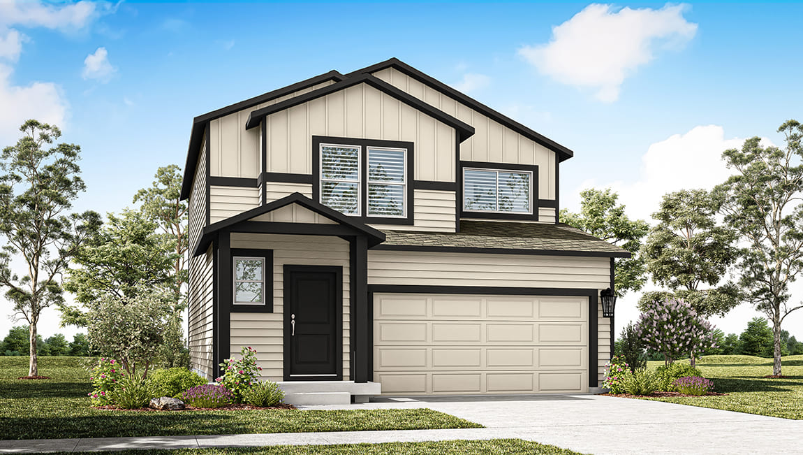 Digital render of two story home with beige siding and dark accents.