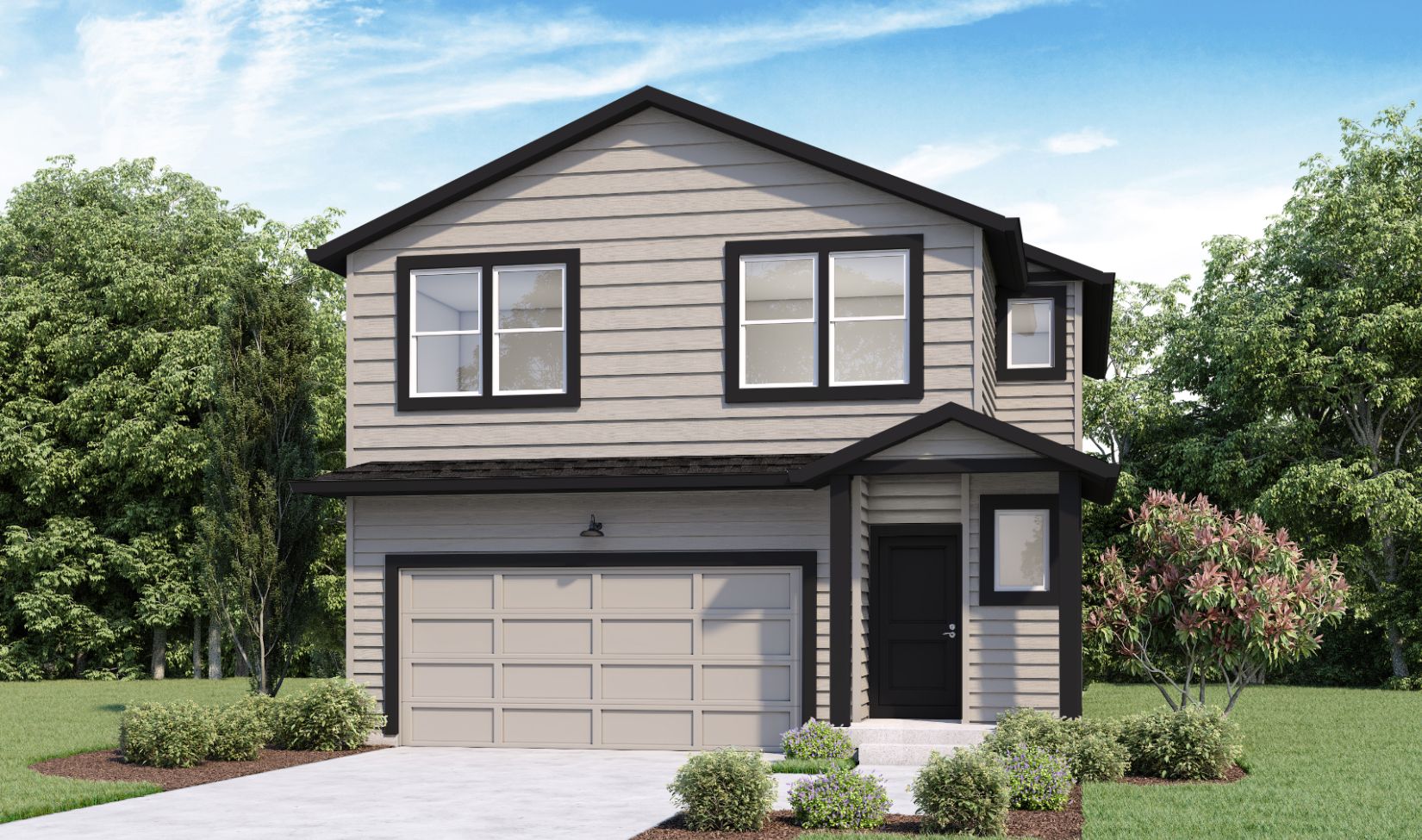 A digital rendering of a two story home with beige siding and dark accents.