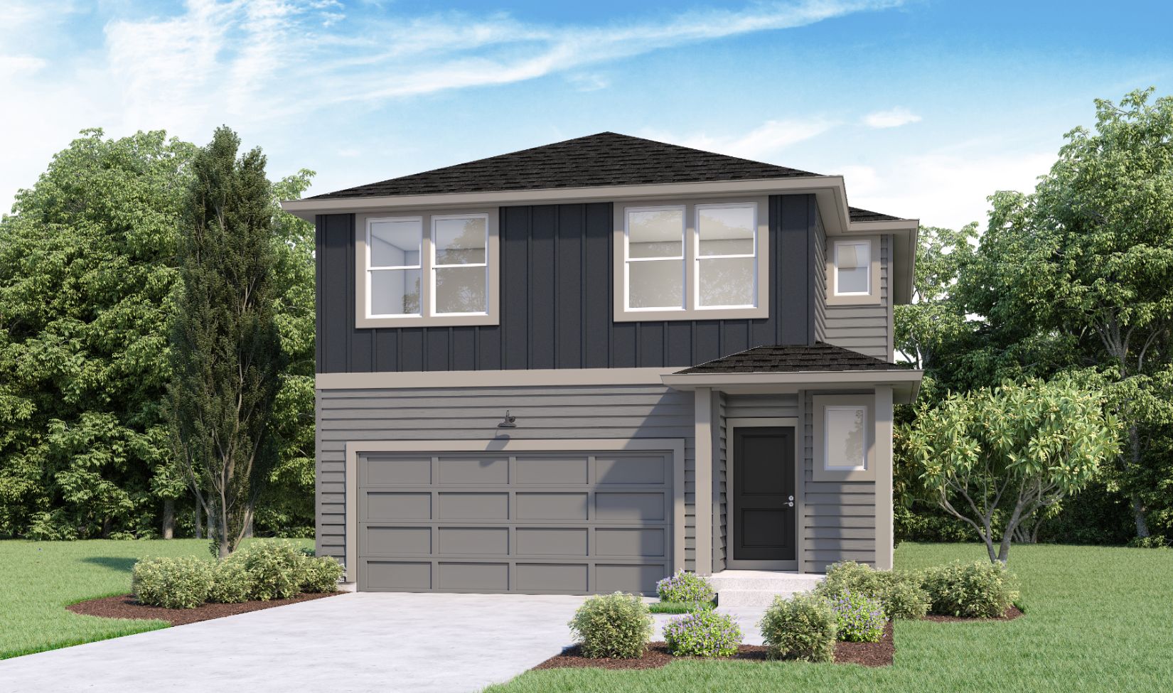 A digital rendering of a two story home with two toned grey siding and light accents.
