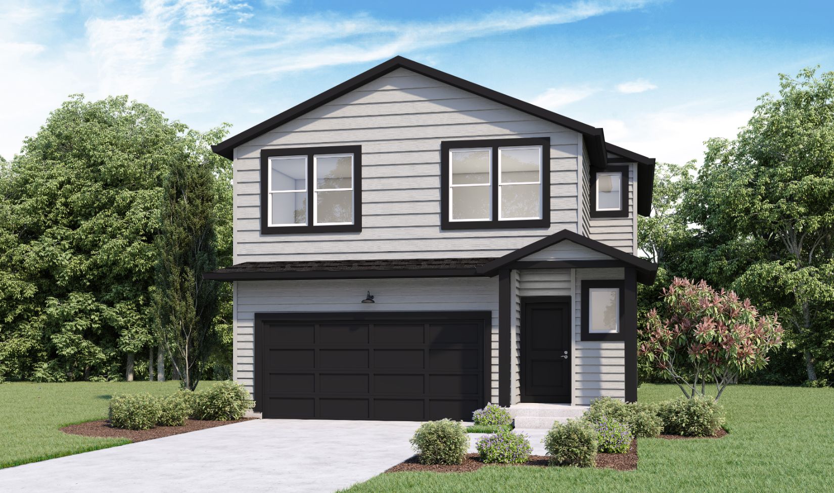 Digital rendering of a two story house, the house has off white siding and black accents with a dark roof.