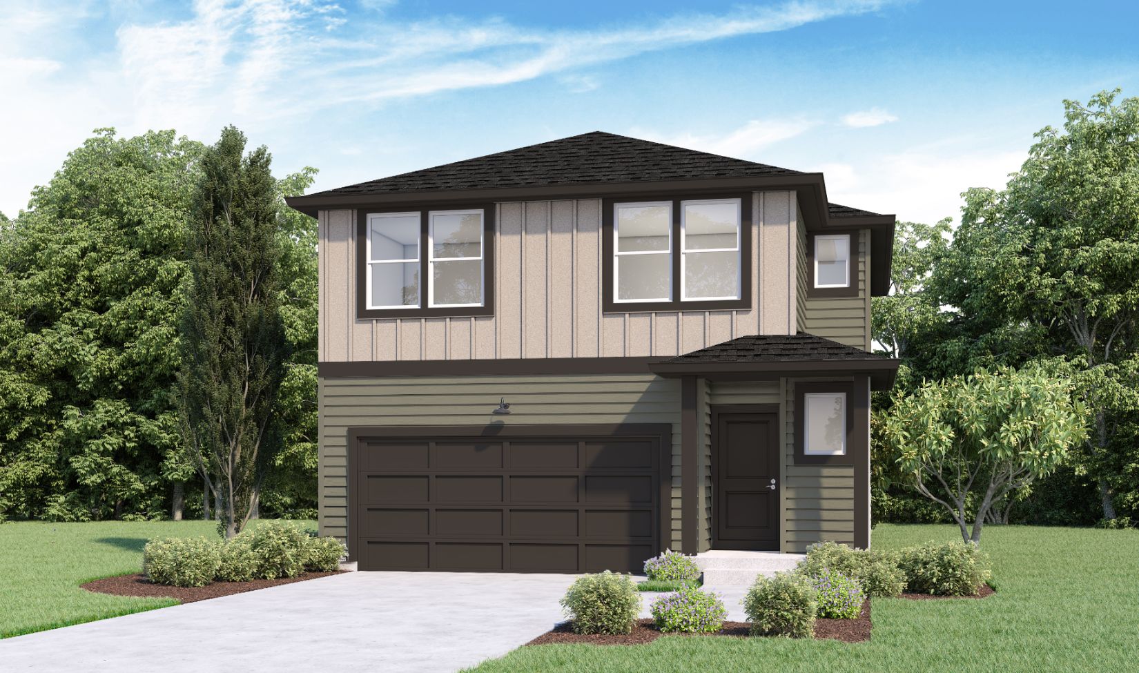 Digital rendering of a two story house, the house has two toned beige and green siding and dark accents with a dark roof.