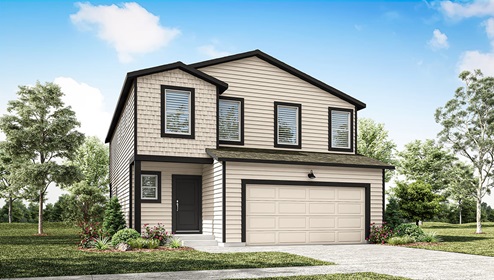 A digital rendering of a two story home with beige siding and dark accents.