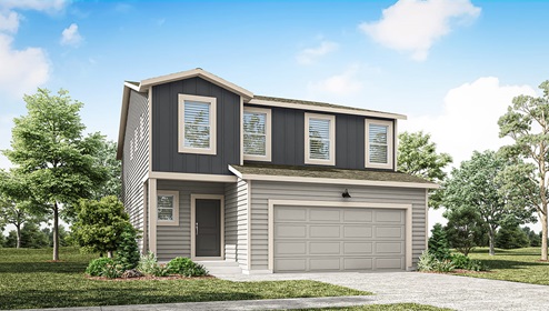 A digital rendering of a two story home with two toned grey siding and light accents.