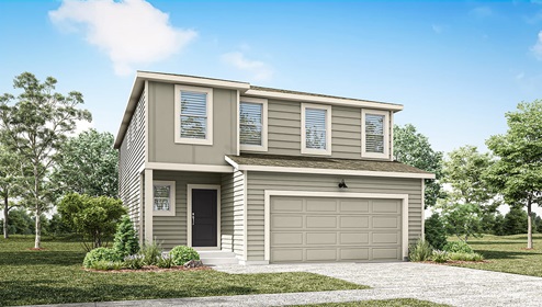 A digital rendering of a two story home with muted green siding and white accents.