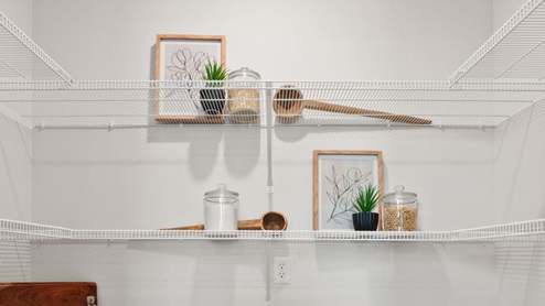 A pantry with wire shelving.