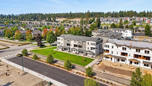A drone shot of the Grand Mill community.
