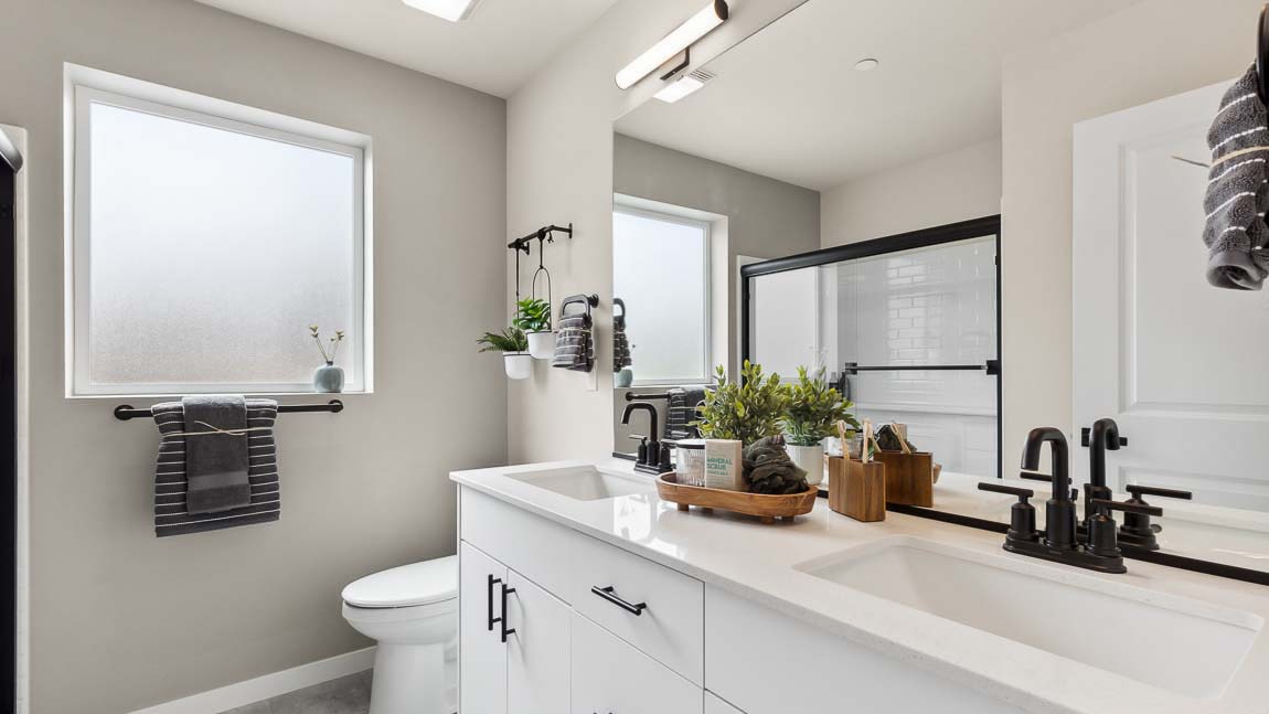 Private bathroom with quartz double-sink vanity, spacious step-in shower, with additional light provided by the large window