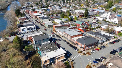 Drone photograph of Downtown businesses in Snohomish Washington