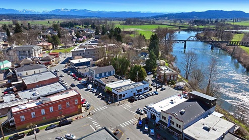 Aerial view of businesses in Downtown Snohomish Washington