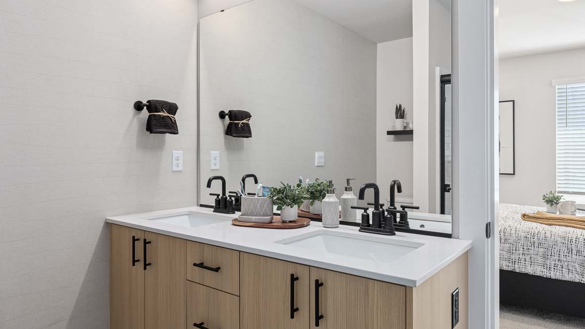 Closer view of the desk area located beside the closet in the upstairs bedroom of the Bennett model home