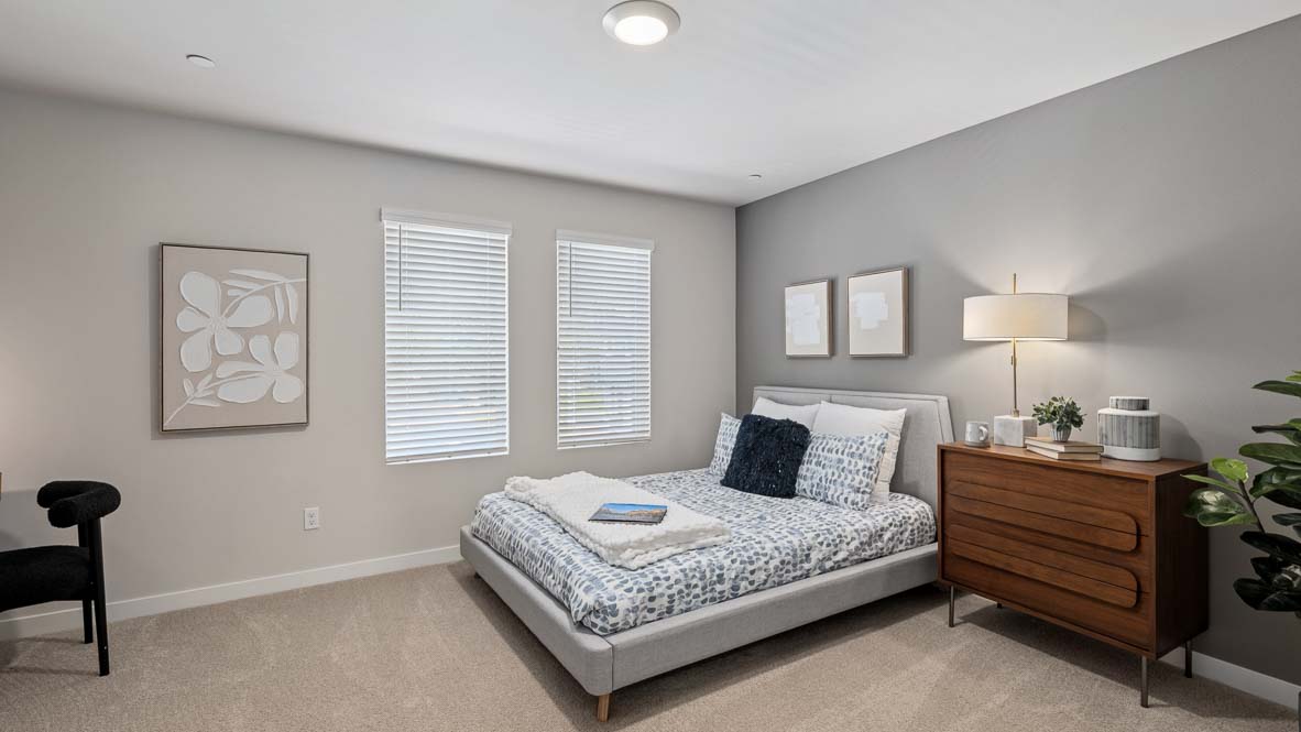 Upper floor bedroom with two bright windows and storage closet
