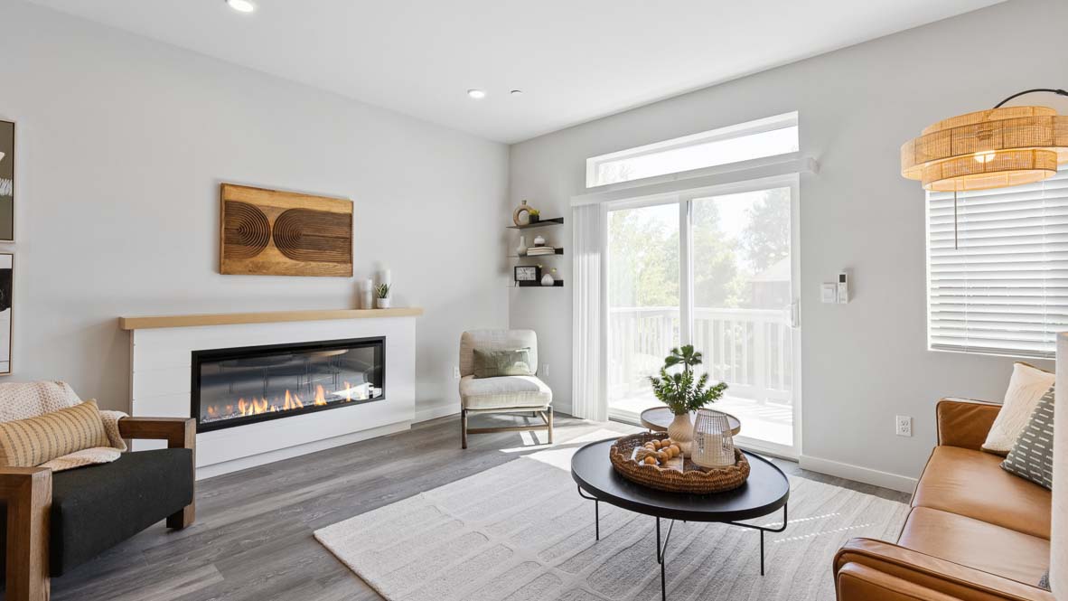 Stylish Living room with outdoor deck access and modern electric fireplace