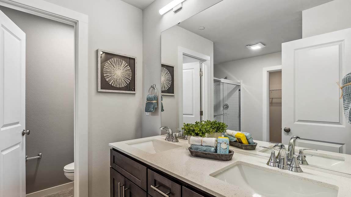 Primary suite bathroom with 2 sink vanity