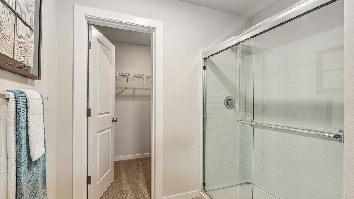 Primary suite close up of large step in shower